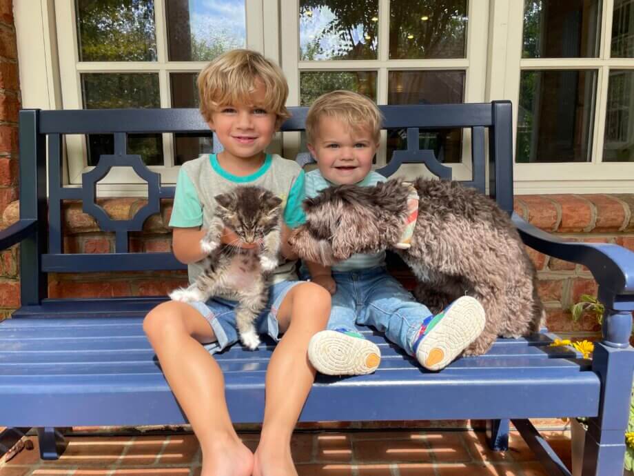 Miles and Jude with our pets, Emie and Gus